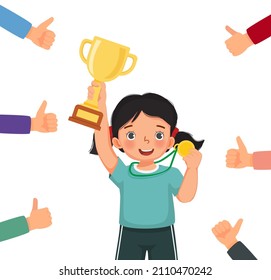 Happy success little girl holding medal and gold cup surrounded by many thumbs up getting public approval, positive feedbacks, appreciation, respect, recognition, honor and like gestures 