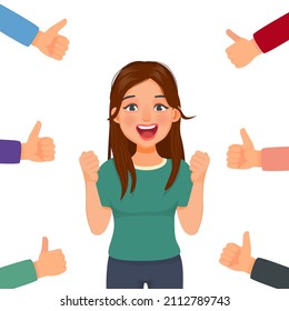 Happy success young woman surrounded by thumbs up gesturing hands getting public approval, positive feedbacks, appreciation, opinion, respect, recognition, honor and like gestures 