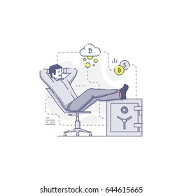 Happy successful bitcoin miner sitting back in a chair with feet up on a safe with bitcoins. Flat line financial success illustration for info graphics in blue tone isolated on white background