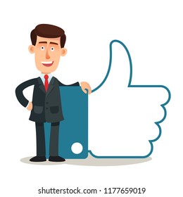 Happy and successful business man stand with big sign thumbs up. Business vector illustration.