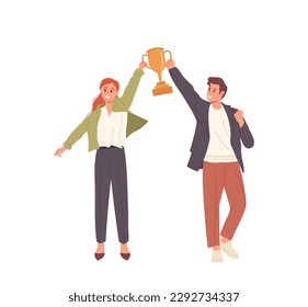 Happy successful business man and woman holding trophy cup golden goblet vector illustration