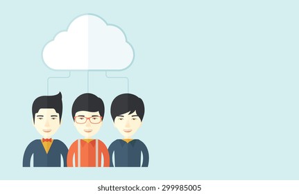 A happy successful Business people group standing under the cloud. A contemporary style with pastel palette soft blue tinted background with desaturated clouds. Vector flat design illustration
