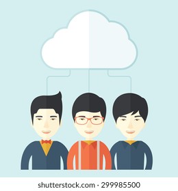 A happy successful Business people group standing under the cloud. A contemporary style with pastel palette soft blue tinted background with desaturated clouds. Vector flat design illustration