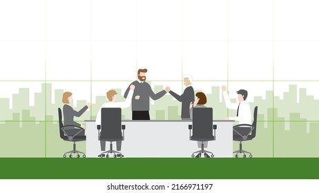 Happy successful business team achieving a goal. Cheerful hand up collaborate of teamwork, staff, colleague, and employee in a meeting room and enjoying a job together. Boss shake hands with pleasure.