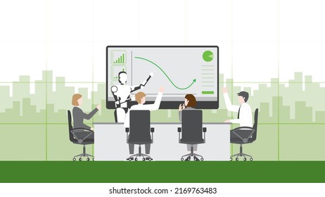 Happy successful business team entrepreneur company. Cheerful hand up of robot, staff, colleague and employee in a meeting. Teamwork enjoying a green graph grow up profit data by AI technology system.