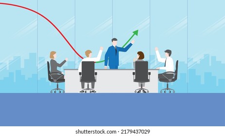 Happy successful business team entrepreneur company. Cheerful hand up of CEO, boss, staff, colleague, and employee in a meeting. Teamwork enjoying a job together by green graph grow up profit data.