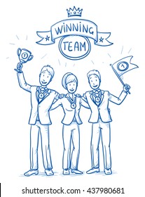 Happy Successful Business Team, Men And Women, In Winning Position, Concept Of Good Teamwork. Hand Drawn Line Art Cartoon Vector Illustration.