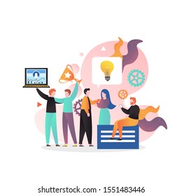 Happy successful business team micro male and female characters celebrating victory, business success, achievements, vector illustration. Teamwork concept for web banner, website page etc.