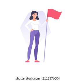 Happy successful business woman holding red waving flag celebrating leadership achievement vector flat illustration. Smiling young casual female winner enjoying victory triumph isolated