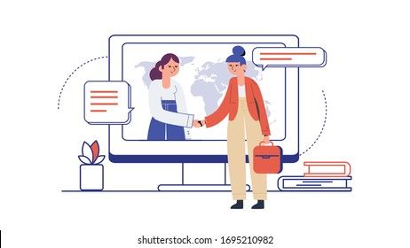 happy successful business women shaking hand. HR manager making good first impression. Employer congratulates employee, making a deal, millennial business woman. shaking hand on video call 