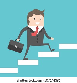 Happy successful businessman with briefcase walking upstairs. Success, growth and achievement concept. Flat design. EPS 8 vector illustration, no transparency