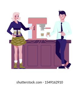 Happy successful businessman and business woman hold coffee near coffeemachine. Flat Art Vector illustration