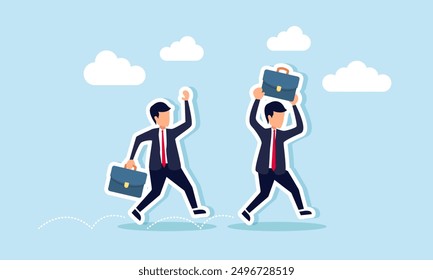 A happy, successful businessman jumps cheerfully, symbolizing success in work or career, Concept of Optimistic thinking celebrating goal achievement or freedom after work, especially on Friday