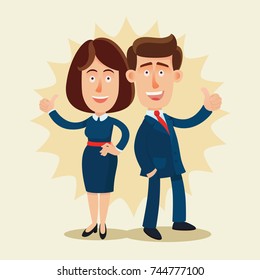 Happy, successful businessman and lady. Dream team. Join to us. Thumb up. Vector illustration, concept, cartoon. 