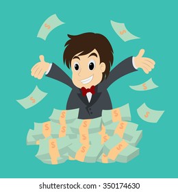 Happy successful businessman with lots of money