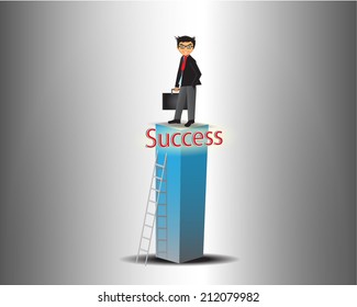 Happy successful businessman on top of the chart. Group of businessmen, cartoon characters. Vector illustration.