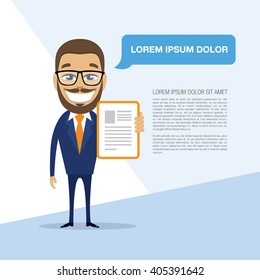 Happy successful businessman with a ready resume. Vector illustration