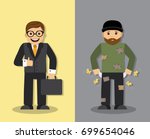 Happy successful businessman and sad homeless man with empty pockets and without money