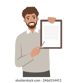 Feliz exitoso hombre de negocios Sonriendo y mostrando la presentación. Ilustración vectorial plana aislada sobre fondo blanco