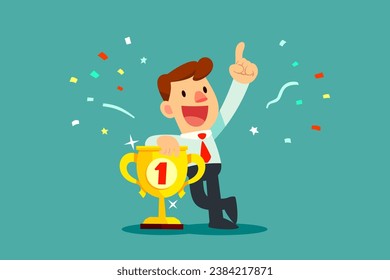 Happy and successful businessman stand beside huge award winning trophy with confetti in background. Winning a successful award business concept.