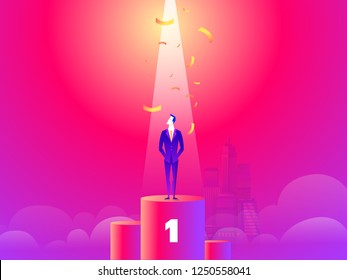 Homem de negócios bem-sucedido feliz de pé no pedestal.conceito de negócio de sucesso. Design plano moderno. Marketing desenhado à mão, seo, ilustração concept.Vector de negócios