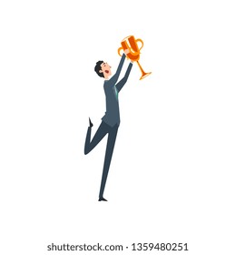 Happy Successful Businessman with Winner Cup Vector Illustration