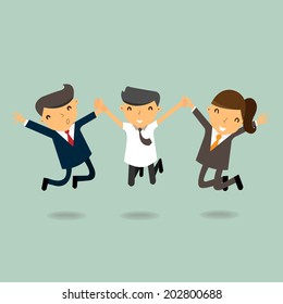 Happy and successful businesspeople, jumping in the air, business concept in teamwork and corporation