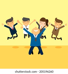 Happy and successful businesspeople, jumping in the air, business concept in teamwork and corporation. 