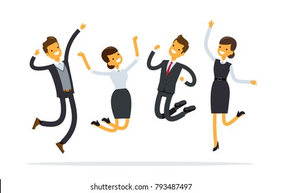 Happy and successful businesspeople, jumping in the air, business concept in teamwork and corporation.