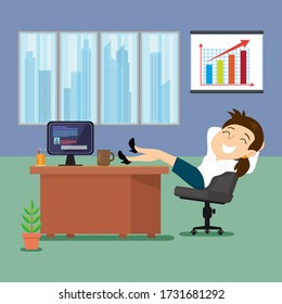 Happy successful businesswoman feet on desk, illustration vector cartoon

