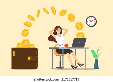 Happy successful businesswoman with laptop get money in wallet. Business woman receive good financial online income. Joyful female makes passive profit or gain. Get investment dividend and earning EPS