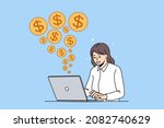 Happy successful businesswoman work online on laptop receive good financial income from web trading. Smiling woman freelancer get paid in internet, get dividend from investment. Vector illustration. 