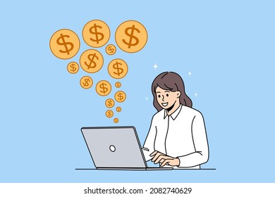 Happy successful businesswoman work online on laptop receive good financial income from web trading. Smiling woman freelancer get paid in internet, get dividend from investment. Vector illustration. 