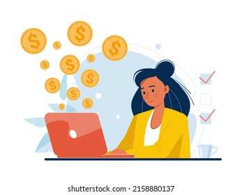 Happy successful businesswoman work online on laptop, making money online, financial income from web trading. Smiling woman freelancer get paid in internet, investment, dividends. Vector illustration.