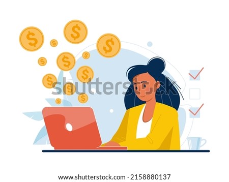 Happy successful businesswoman work online on laptop, making money online, financial income from web trading. Smiling woman freelancer get paid in internet, investment, dividends. Vector illustration.