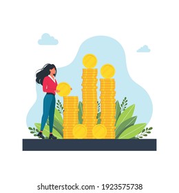 Happy successful character with a pile of coin. Financial well-being. a woman puts a coin on a large pile of money. Business investment and money savings. Fees and funding