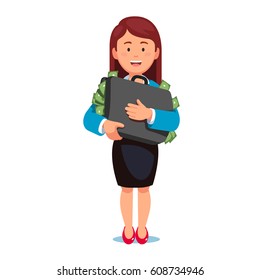 Happy successful executive manager woman standing holding suitcase full of dollar money cash. Business corruption and bribery. Modern flat style vector illustration isolated on white background.