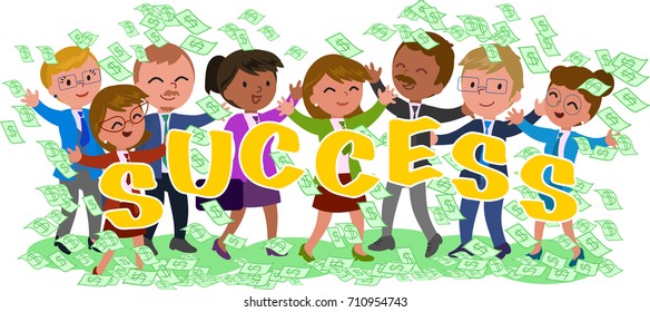 Happy successful exulting business people with lot of money cash vector illustration