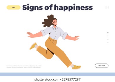 Happy successful female character running and jumping. Young mindfulness woman choosing to move with positive energy. Active life position concept. Sign of happiness landing page vector illustration