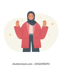 Feliz chica exitosa en hijab mostrando sí gestos positivos con las manos 