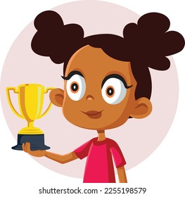 
Happy Successful Girl Holding a Trophy Winning a Contest Vector Illustration. Cheerful student holding a golden award won in a competition
