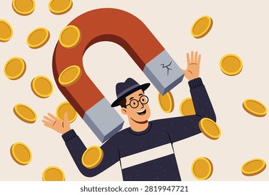 Happy successful man attracting wealth and fortune using a giant red magnet to pull in shiny gold coins.
