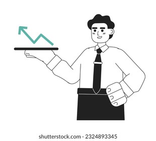 Happy successful man flat line black white vector character. Editable half body investor show profit arrow diagram. Simple cartoon isolated spot illustration for web graphic design
