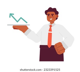 Happy successful man semi flat colorful vector character. Editable half body investor show profit arrow diagram on white. Simple cartoon spot illustration for web graphic design