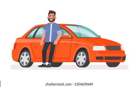 Happy successful man is standing next to a red car on a white background. Vector illustration in cartoon style