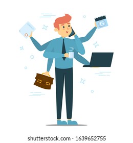 Happy successful multitasking businessman standing vector isolated. Young man doing many things at once. Busy worker.