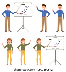 Happy, successful office manager vector illustration. Young man and woman finance worker making presentation, report, good results cartoon character set