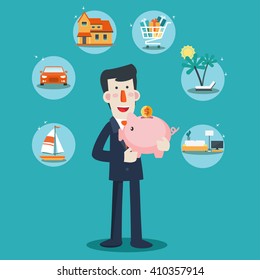 Happy, successful, smiling businessman with a piggy bank. 6 icons: house, car, yacht, shopping cart, furniture and holiday vacation. Saving and investing money. Future financial planning concept