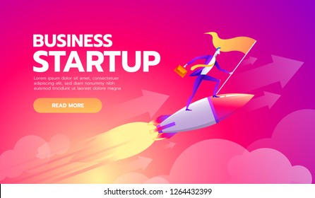 Happy successful Start up businessman holding goal flag standing on rocket ship flying through starry sky. business startup concept.