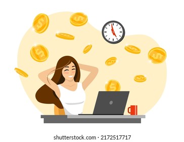 Happy successful trader businesswoman with laptop get money. Business woman receive good financial online income. Joyful person makes passive profit or gain. Get investment dividend and earning. Eps